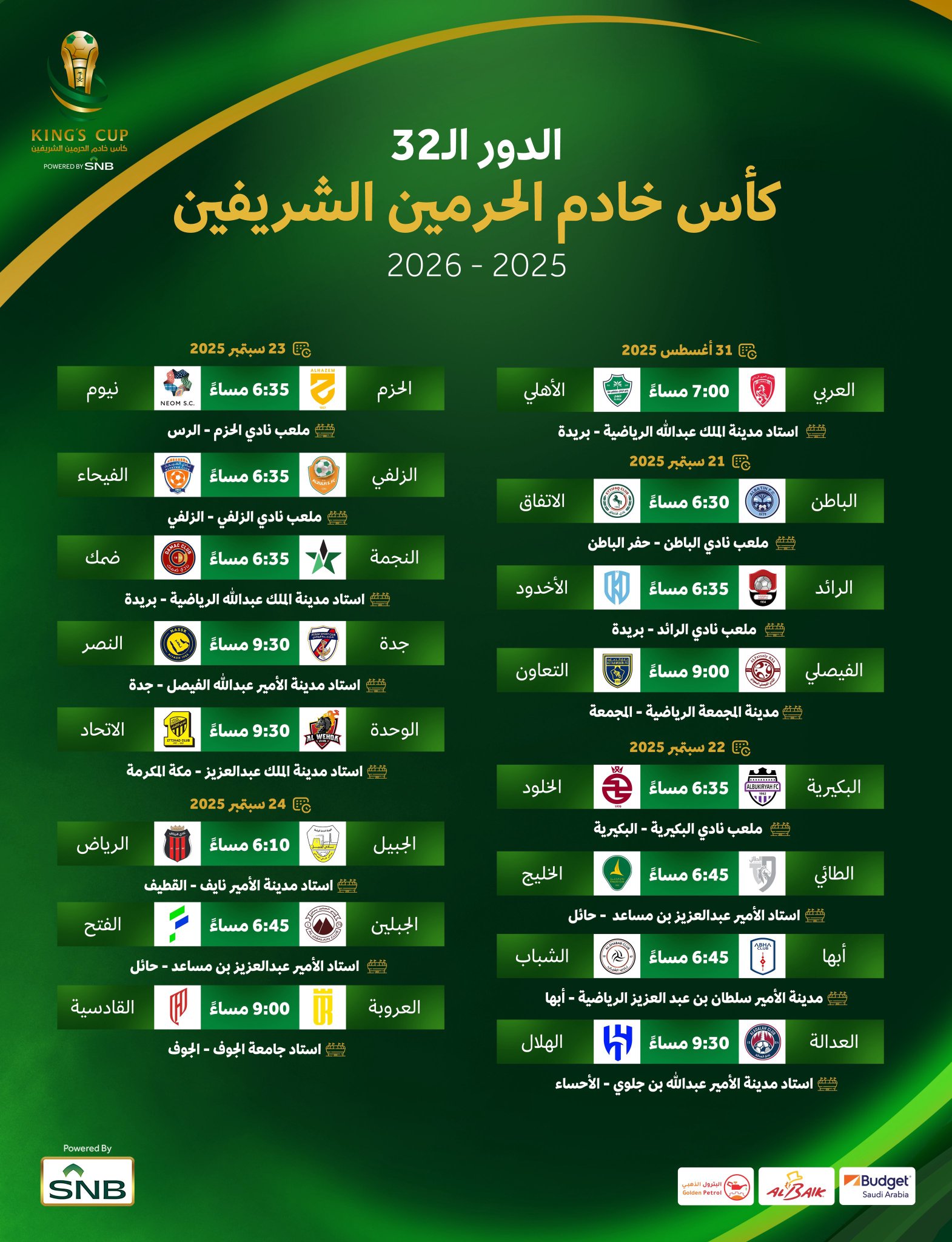 1-44 رسميًا: لجنة المسابقات تعلن مواعيد مباريات دور الـ32 من كأس الملك